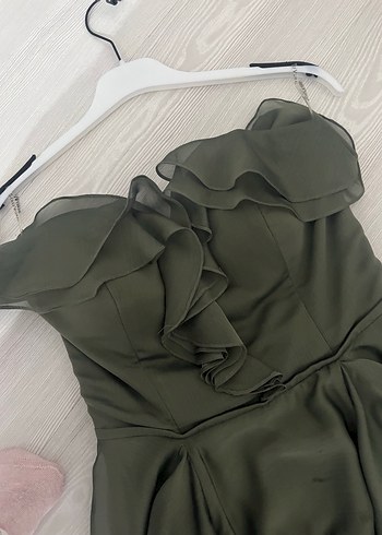 Straplez Drapeli Uzun Haki Abiye Elbise - Görsel 3