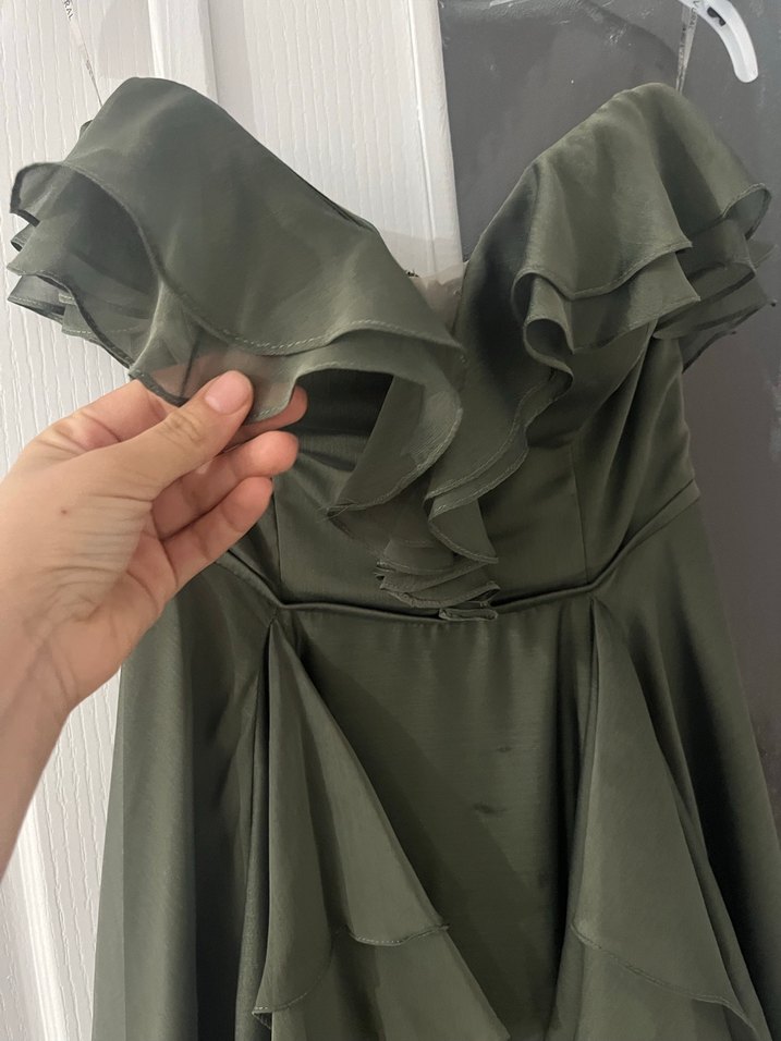 Straplez Drapeli Uzun Haki Abiye Elbise - Görsel 4