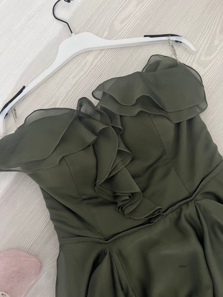 Straplez Drapeli Uzun Haki Abiye Elbise - Görsel 3