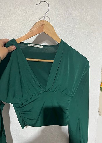 V Yaka Drapeli Uzun Kollu Yeşil Bluz - Görsel 2