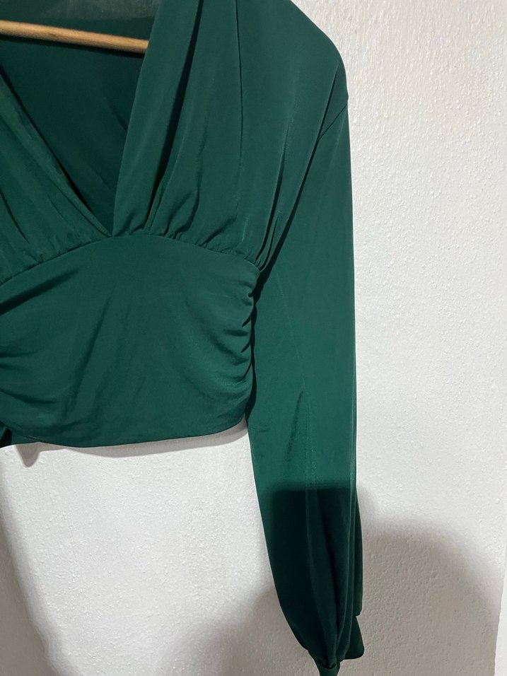 V Yaka Drapeli Uzun Kollu Yeşil Bluz - Görsel 5
