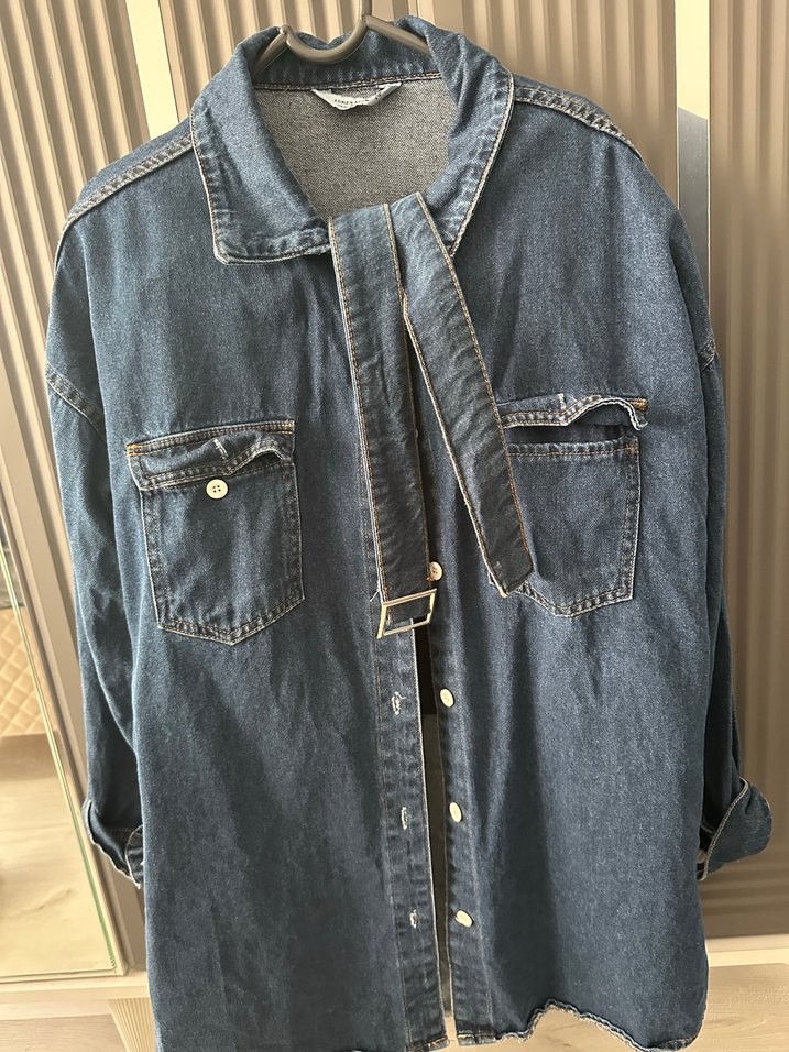 Düğmeli Gri Mavi Kadın Denim Ceket - Görsel 2