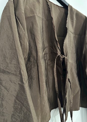 Kahverengi Keten Kemerli Kadın Kimono - Görsel 2