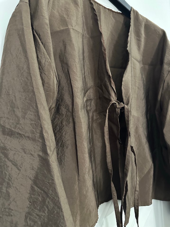 Kahverengi Keten Kemerli Kadın Kimono - Görsel 2