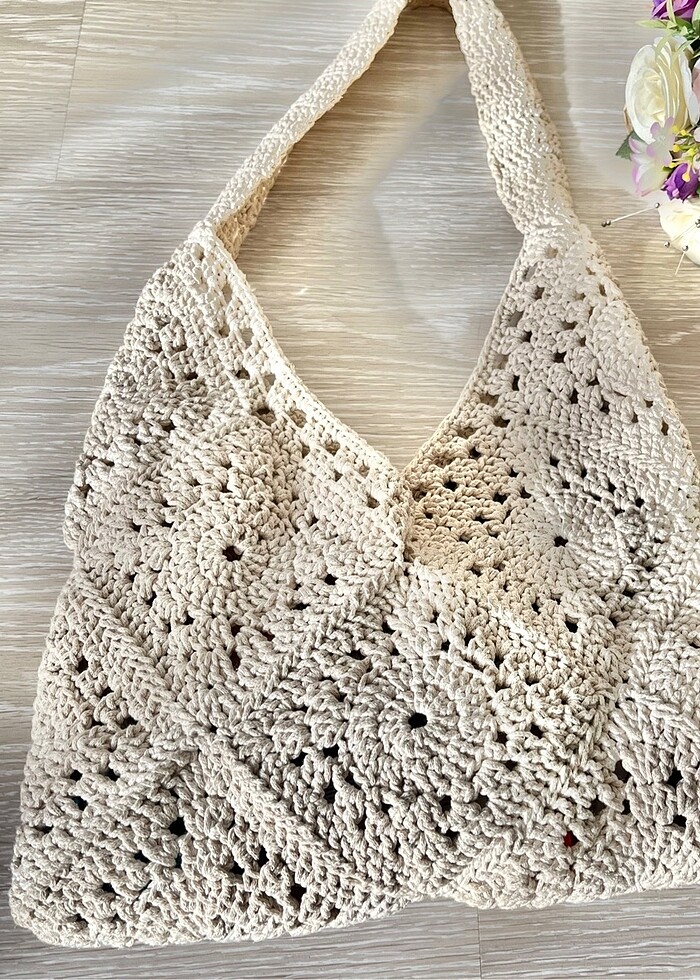 Örgü çanta tatil çantası krem - Görsel 2