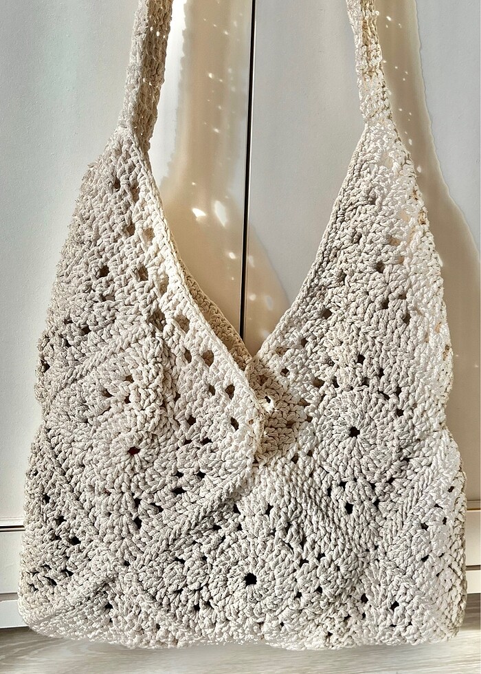 Örgü çanta tatil çantası krem - Görsel 3