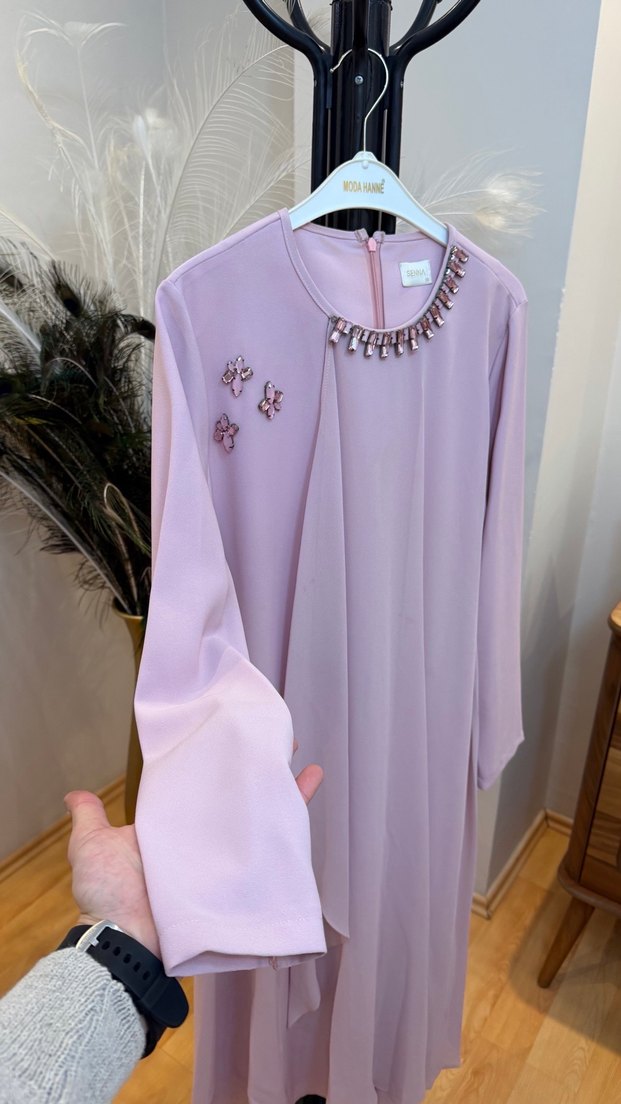 Pembe Uzun Kollu Nakışlı Kadın Elbise - Görsel 2