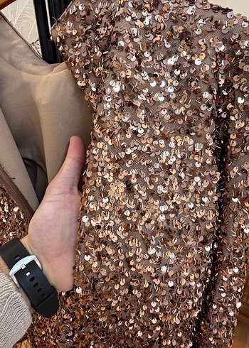 Parlak Kahverengi Uzun Kollu Abiye Elbise - Görsel 3