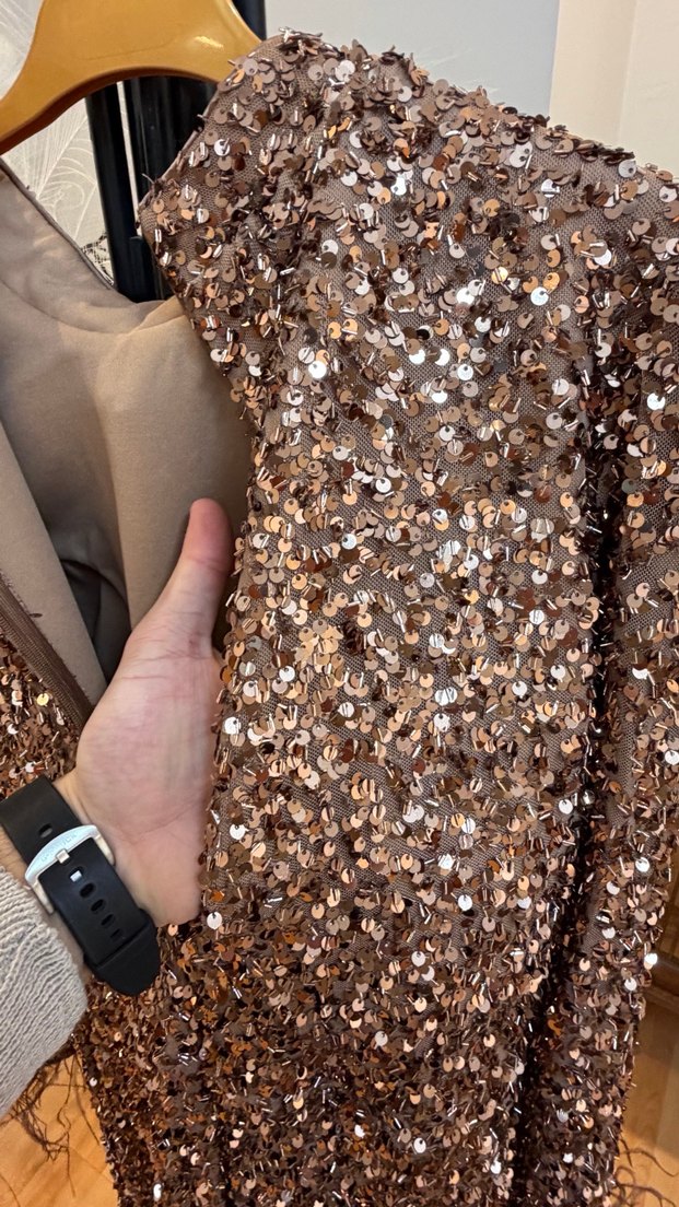 Parlak Kahverengi Uzun Kollu Abiye Elbise - Görsel 3