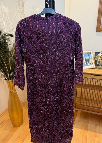 Bordo İşlemeli Dantel Uzun Abiye Elbise - Görsel 2