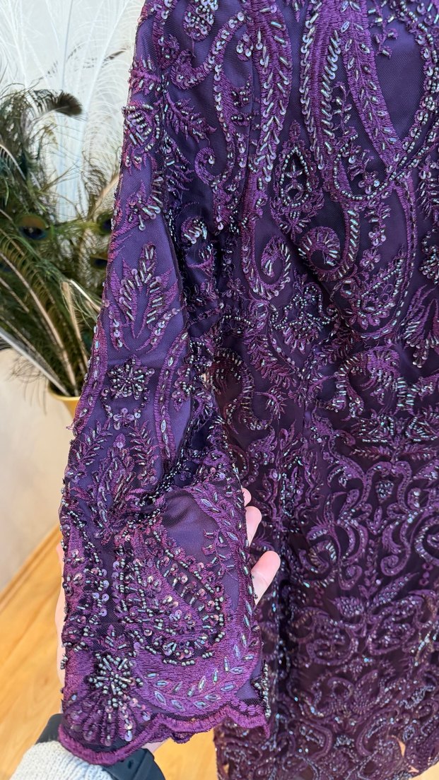 Bordo İşlemeli Dantel Uzun Abiye Elbise - Görsel 3