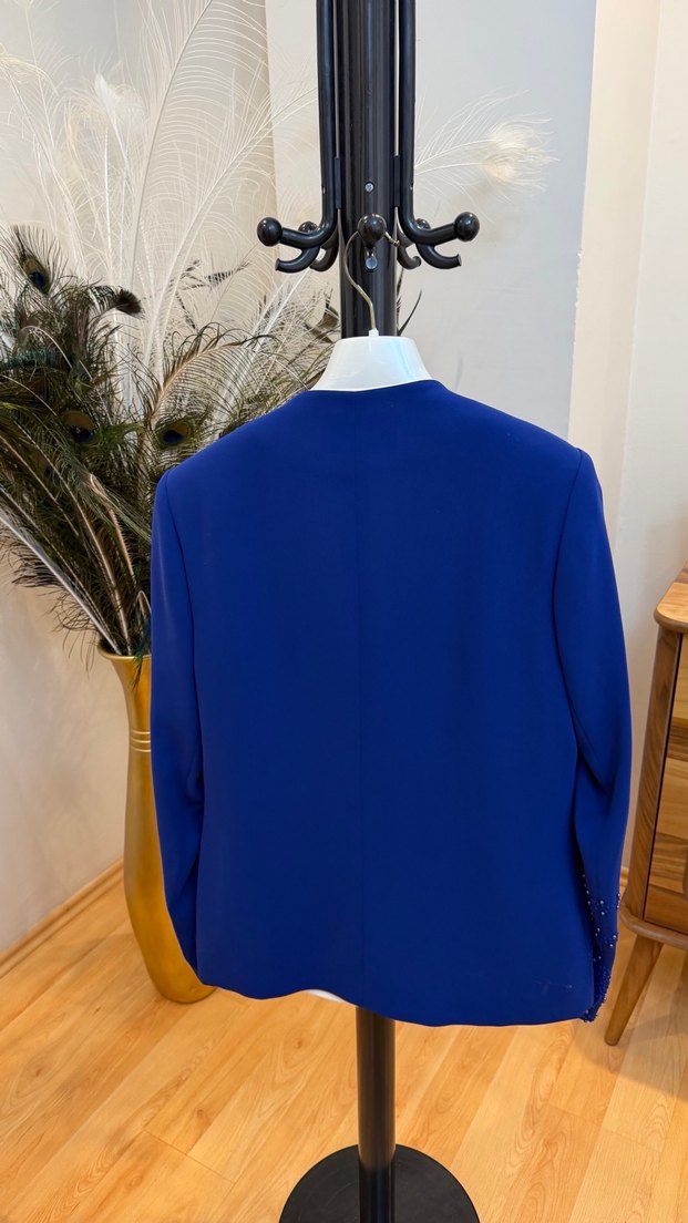 Boncuk İşlemeli Mavi Kadın Ceket - Görsel 3