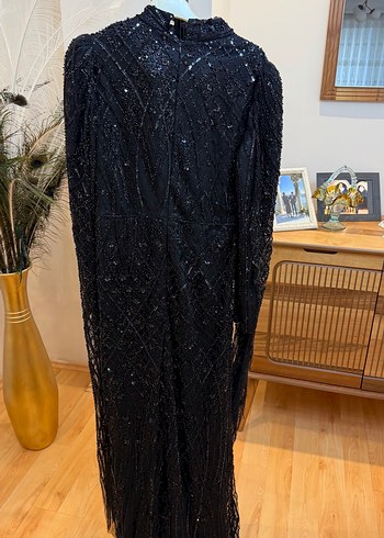 Uzun lacivert İşlemeli Boncuklu Kadın Abiye Elbise - Görsel 2