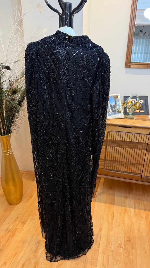 Uzun lacivert İşlemeli Boncuklu Kadın Abiye Elbise - Görsel 2