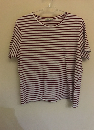 l Beden Kırmızı-Beyaz Çizgili Bol T-Shirt