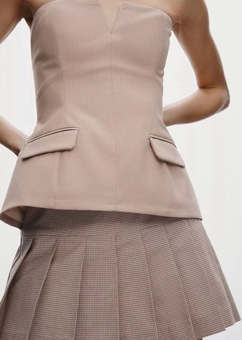 Zara Bej Straplez Mini Elbise