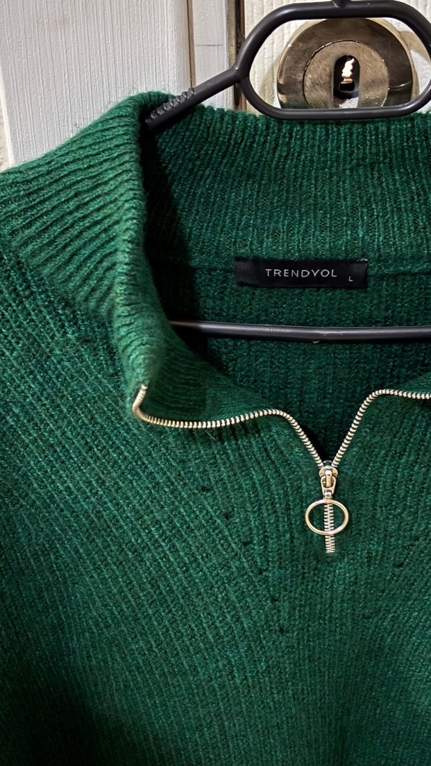 Yeşil Yarım Fermuarlı Boğazlı Triko Kazak - Görsel 2