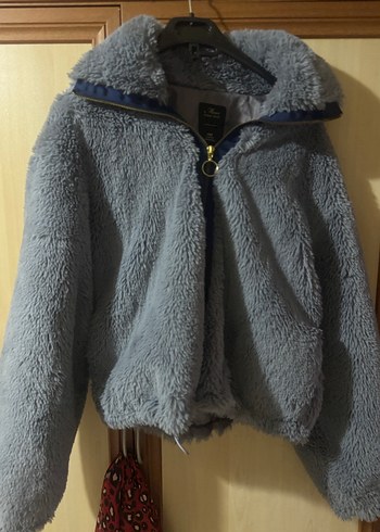 Gri mavi karışını Peluş Detaylı Kadın Ceket - Görsel 4