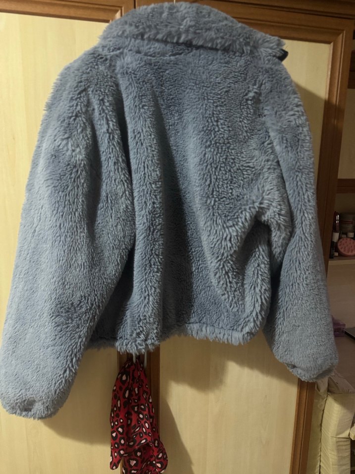 Gri mavi karışını Peluş Detaylı Kadın Ceket - Görsel 3