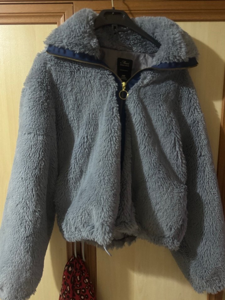 Gri mavi karışını Peluş Detaylı Kadın Ceket - Görsel 4