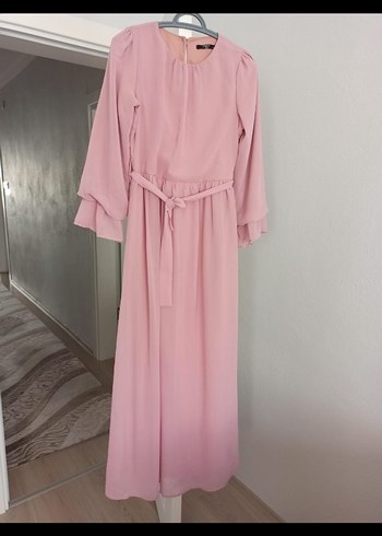 Drapeli Pembe Kadın Uzun Elbise
