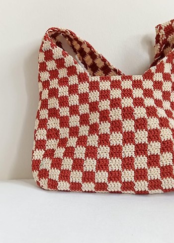 Kırmızı Kareli Örgü Bohem Kadın Çanta - Görsel 2