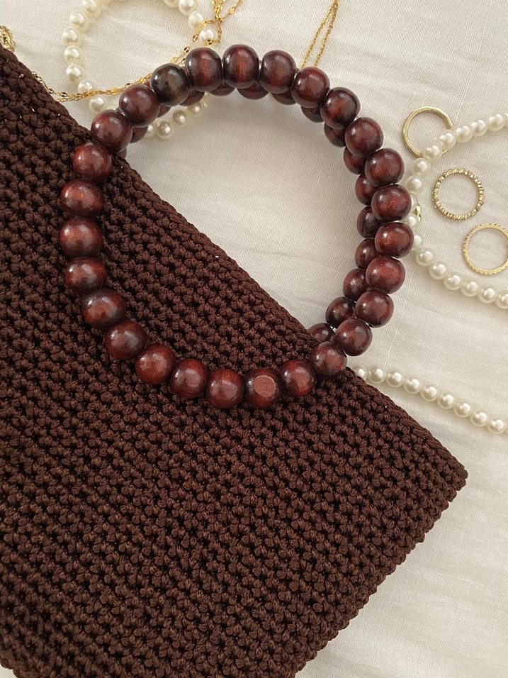 Boncuklu Örgü Kadın Çanta - Kahverengi - Görsel 4