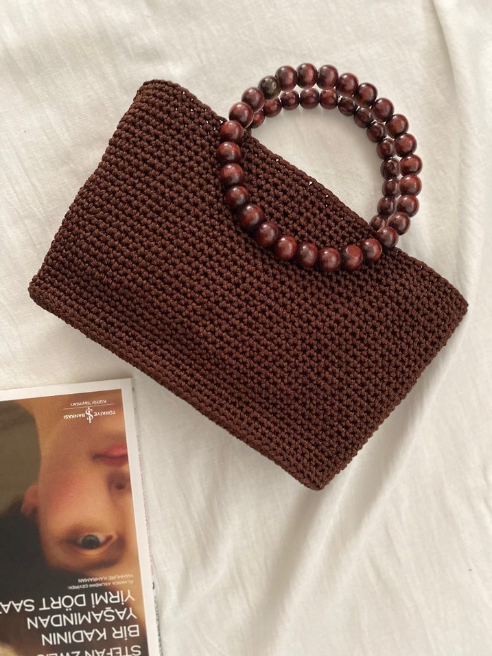 Boncuklu Örgü Kadın Çanta - Kahverengi - Görsel 2