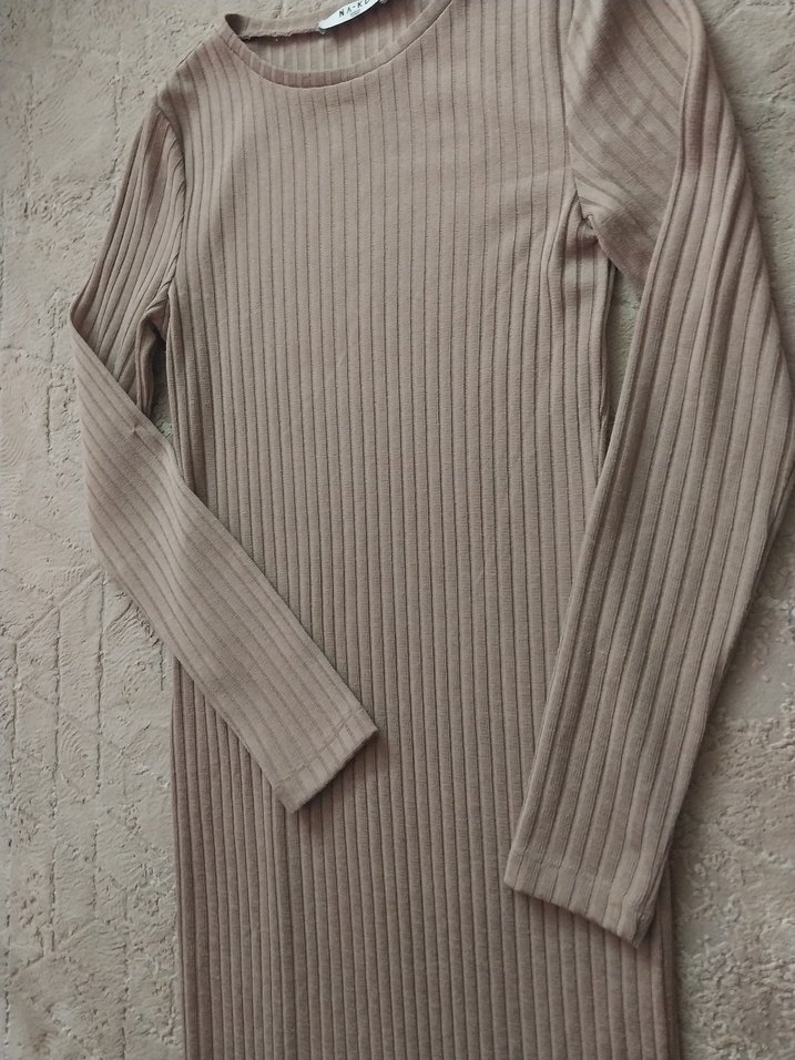 Bej Uzun Kollu Triko Elbise small kislik - Görsel 5