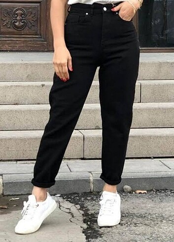 Kadın Siyah Mom Jean Pantolon