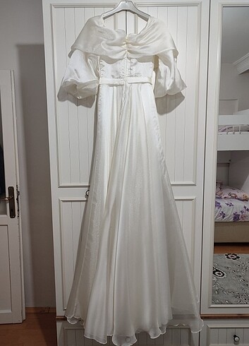 kayık yaka ekru gelinlik vintage - Görsel 9
