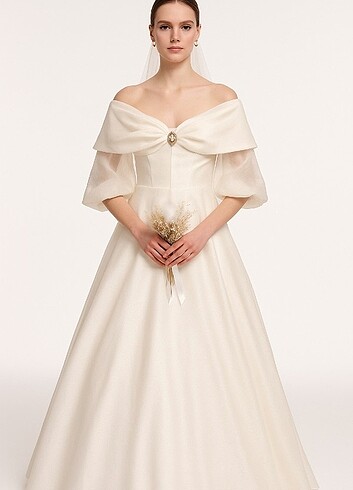 kayık yaka ekru gelinlik vintage - Görsel 10