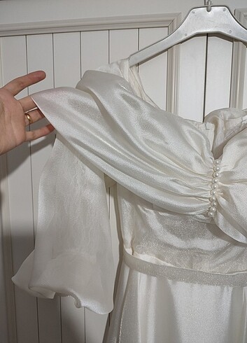 kayık yaka ekru gelinlik vintage - Görsel 8