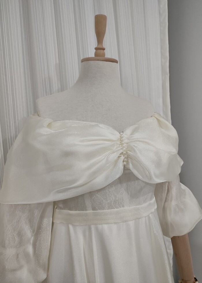 kayık yaka ekru gelinlik vintage - Görsel 4