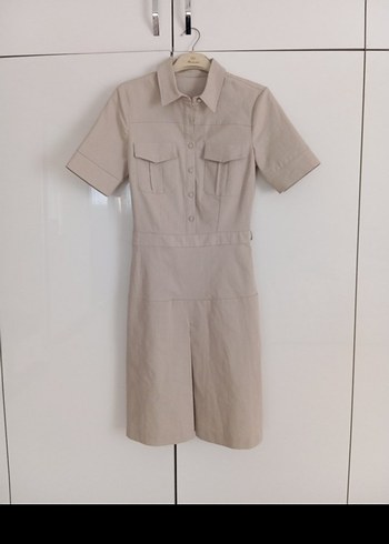 Bej Kısa Kollu Keten Mini elbise - Görsel 2