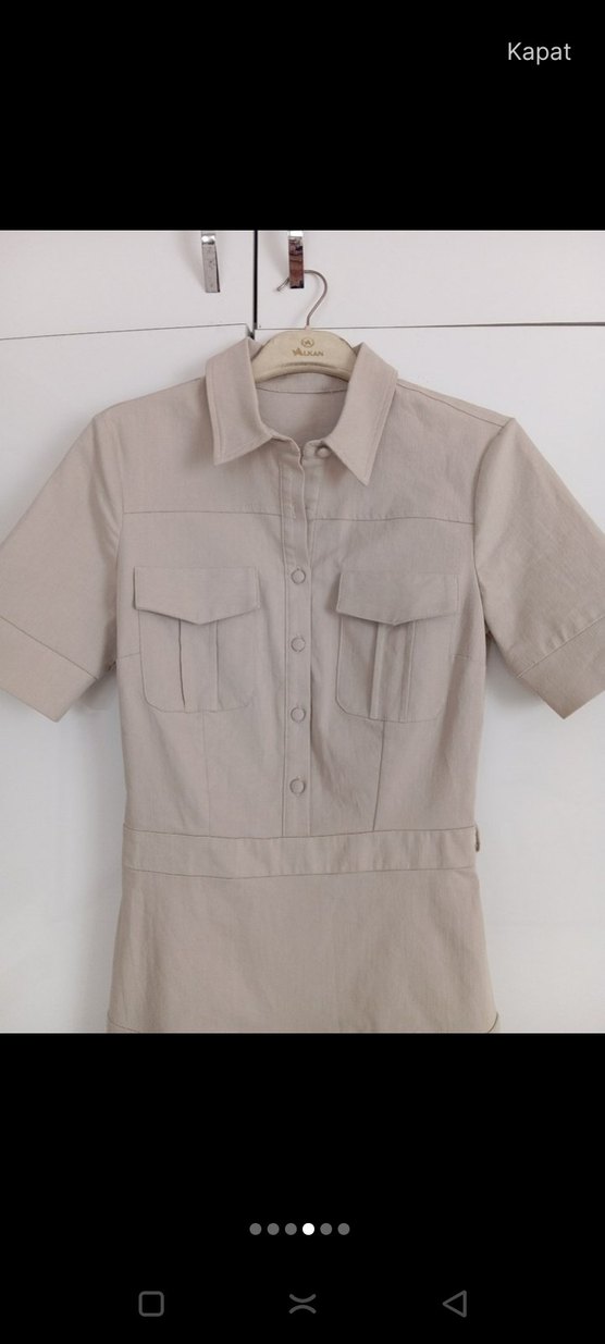 Bej Kısa Kollu Keten Mini elbise - Görsel 3