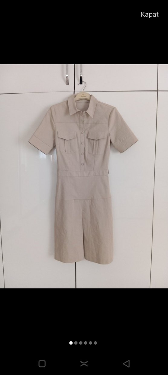 Bej Kısa Kollu Keten Mini elbise - Görsel 2