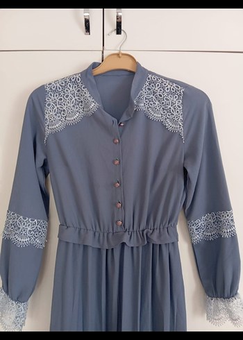 Nakışlı, Uzun Kollu, Volanlı Mavi Bohem Elbise - Görsel 3