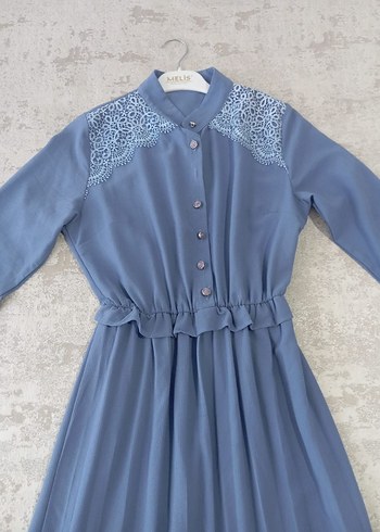 Nakışlı, Uzun Kollu, Volanlı Mavi Bohem Elbise - Görsel 4