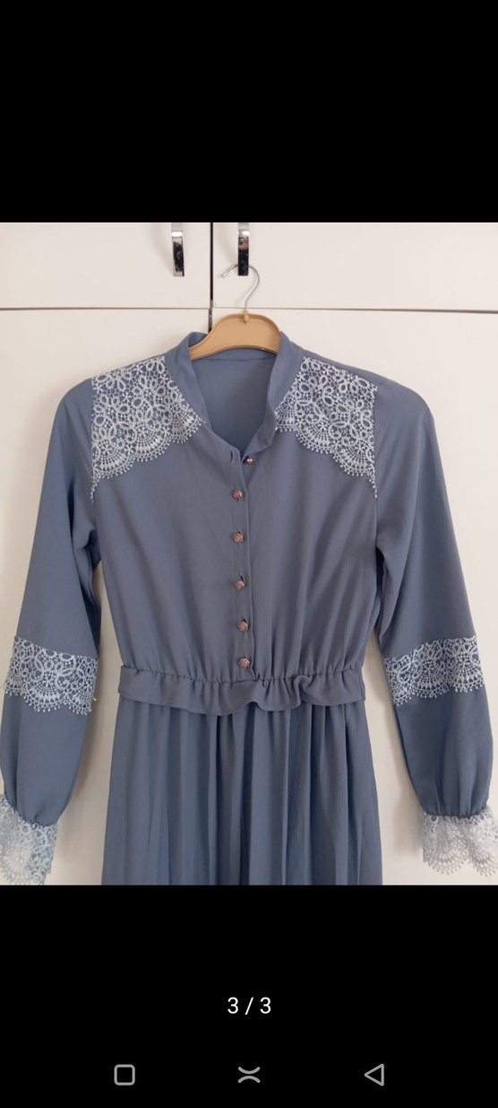 Nakışlı, Uzun Kollu, Volanlı Mavi Bohem Elbise - Görsel 3