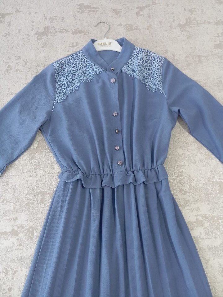 Nakışlı, Uzun Kollu, Volanlı Mavi Bohem Elbise - Görsel 4