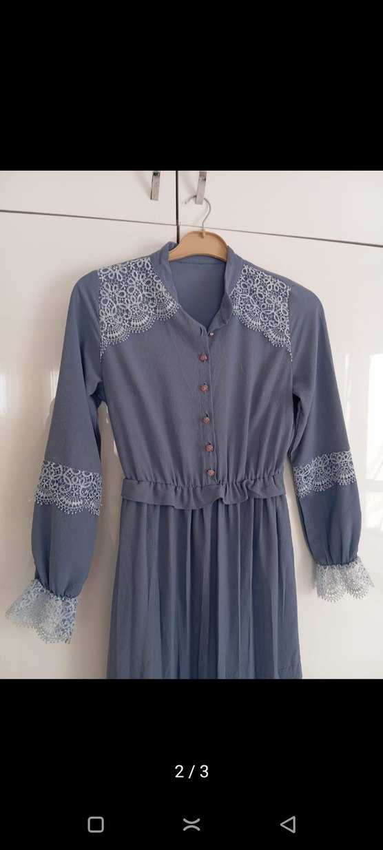 Nakışlı, Uzun Kollu, Volanlı Mavi Bohem Elbise - Görsel 2