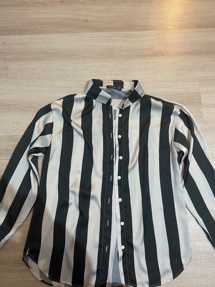 Düğmeli Çizgili Uzun Kollu Kadın Gömlek - Görsel 3