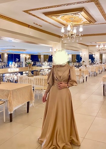 Bej Uzun Drapeli Kadın Abiye Elbise - Görsel 2