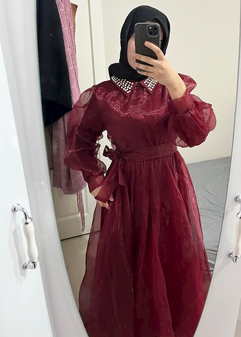 Bordo Uzun Kollu Dökümlü Tesettür Elbise - Görsel 4