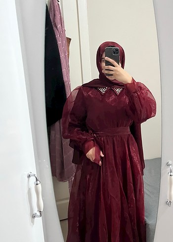 Bordo Uzun Kollu Dökümlü Tesettür Elbise - Görsel 3