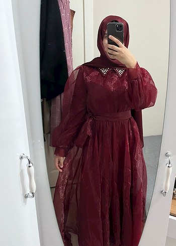 Bordo Uzun Kollu Dökümlü Tesettür Elbise - Görsel 2