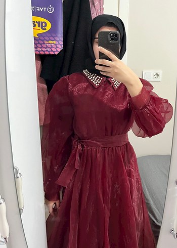 Bordo Uzun Kollu Dökümlü Tesettür Elbise - Görsel 5