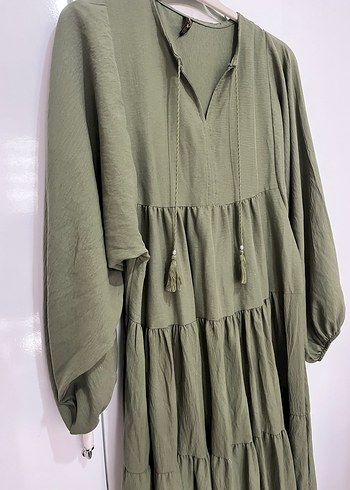 Püsküllü Salaş Haki Kadın Uzun Elbise - Görsel 4