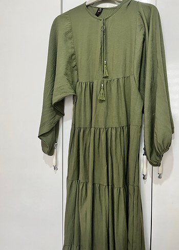 Püsküllü Salaş Haki Kadın Uzun Elbise - Görsel 2